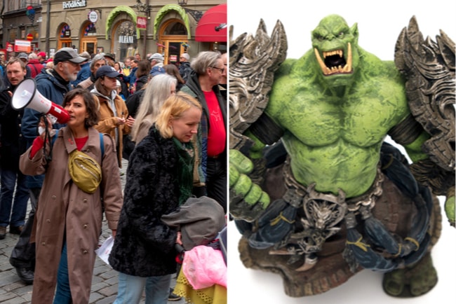 första maj-tåg i Stockholm från 2019 och orch-figur från World of Warcraft