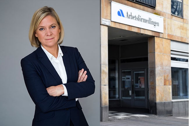 finansmarknadsminister magdalena andersson och ett av Arbetsförmedlingens kontor