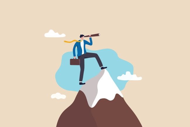Illustration av person med portfölj som står på bergstopp och kollar i teleskop.