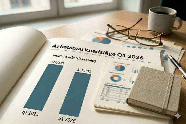 Rapport med siffror på utvecklingen av arbetslösheten mellan q1 2025 och q1 2026, liggandes på bord med glasögon, en kopp och andra papper bredvid.