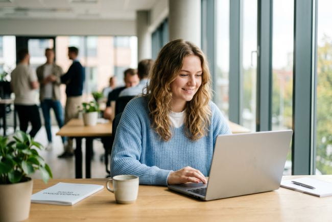 Ung kvinna sitter vid bord med laptop och ler mot skärmen.